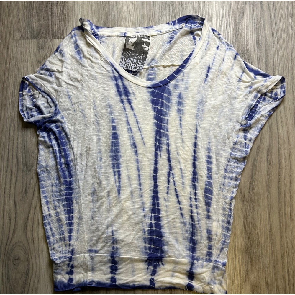 Young Fabulous & Broke Tie Dye‎ V Neck T Shirt Top Blue White y2k Small